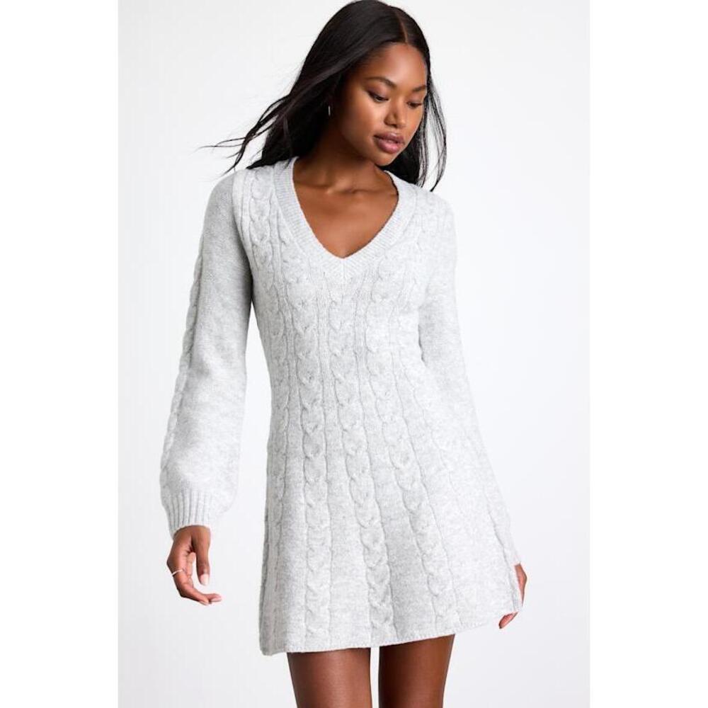 Lulus Snuggly Chic Grey Cable Knit Long Sleeve Sweater Mini Dress - Size M